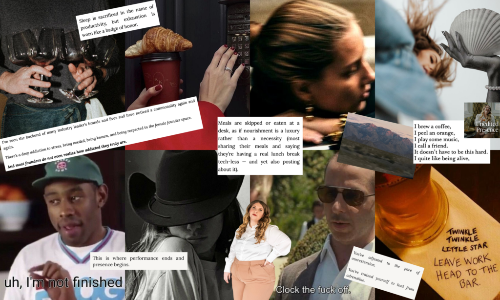 A collage of photographs related to the busyness of a well-disciplined woman's life. She's the reliable woman, usually has eldest daughter syndrome, and you can experience that feeling in the pacing of the photos included: a woman holding 5 wine glasses shows how much she's handling at once, a woman trying to call on a call box with a croissant balancing on a coffee, a woman looking forlorn out the window, a woman looking down on the viewer, quotes from the writer and life coach, Ashleigh C. Henry, and references of leaving work early to have some time for pleasure. 